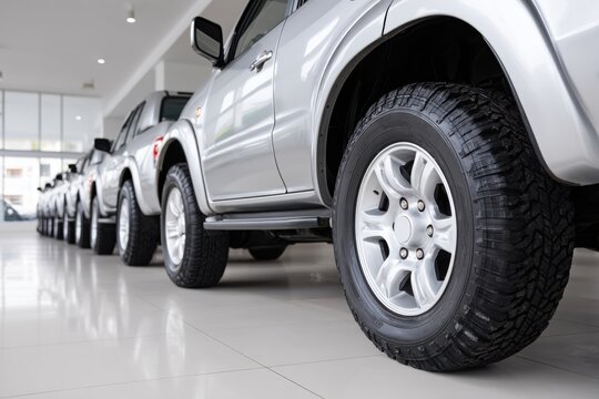 Close-up of a silver SUV tire in a showroom, other suvs are lined up in the background, showcasing their all-terrain tires.