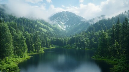Fototapeta premium Serene mountain lake nestled amongst lush green forests, with misty peaks in the background