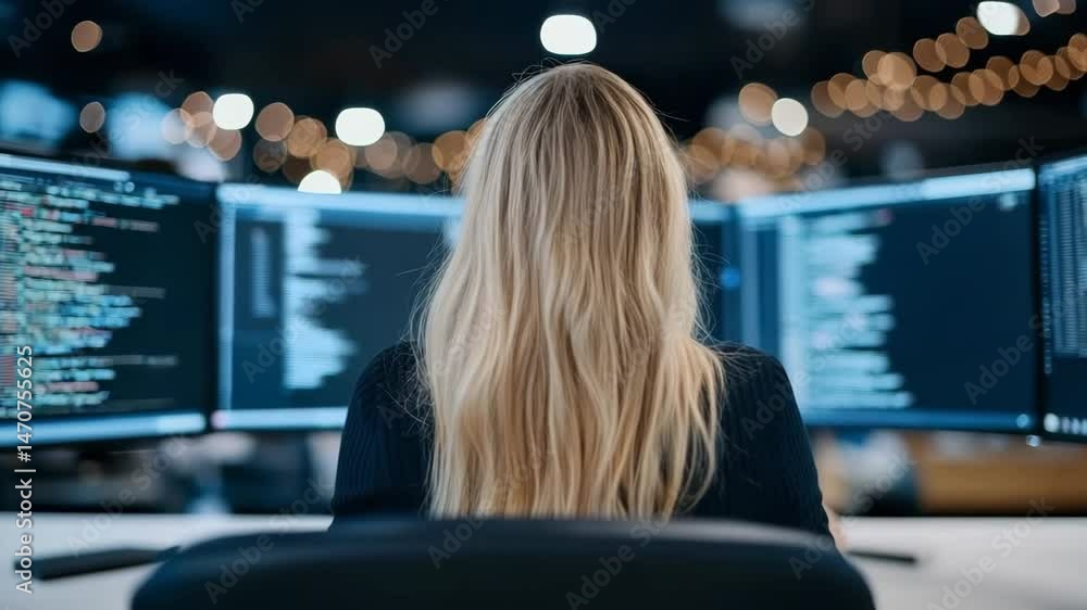 Poster female programmer working in modern office with screens displaying code and blurry background lights