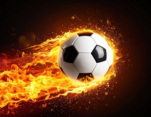 Fototapeta premium Dynamic fiery soccer ball in motion with flames against dark background