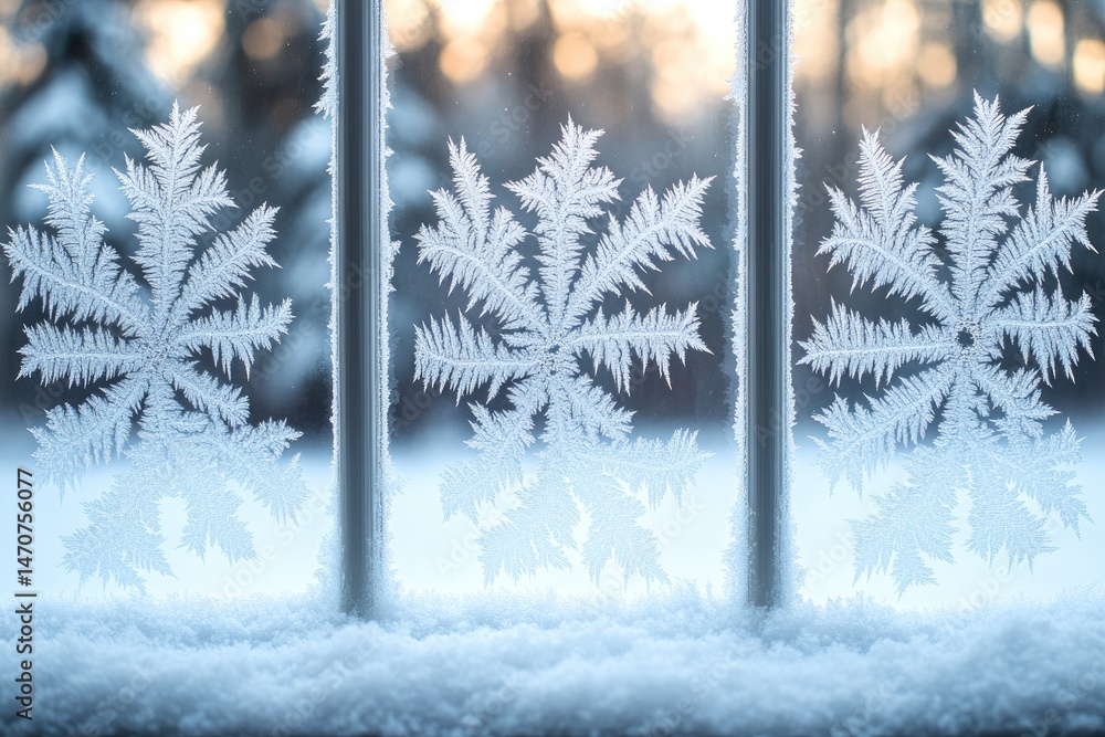 Poster frozen snowflake patterns on a windowpane in winter.