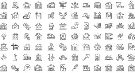 Various outline house icons arranged in a grid pattern against a white background showing many designs
