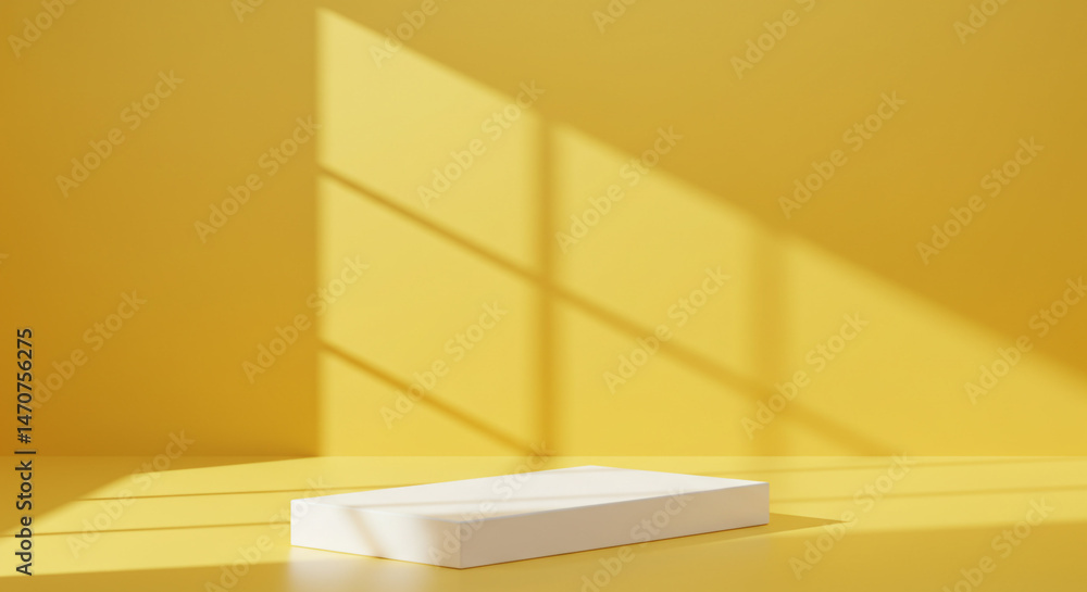 Poster minimalist yellow background with white podium and window shadow for product presentation display