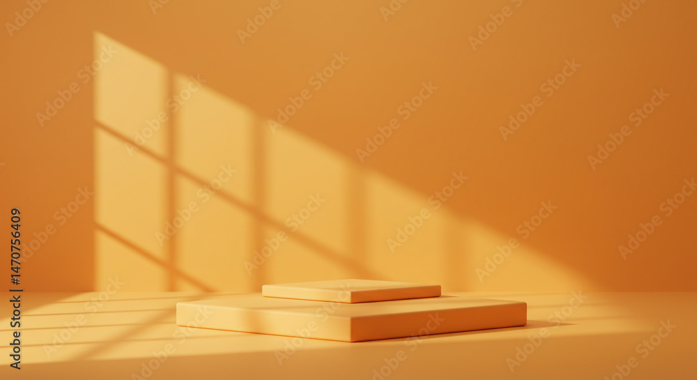 Poster Two square platforms in a studio setting with a window light casting shadows on the back wall
