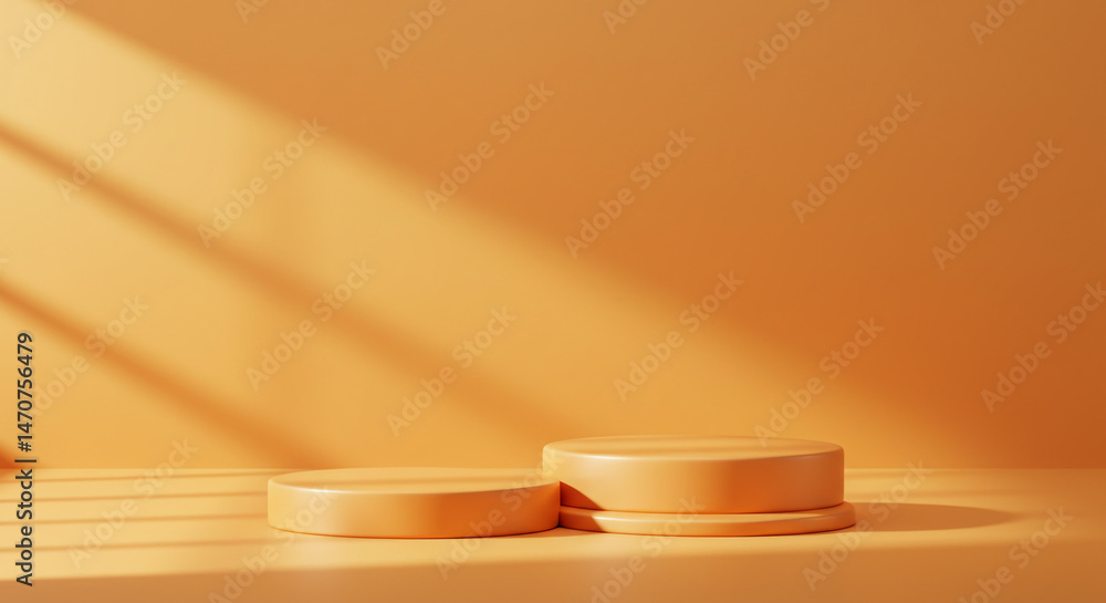 Poster two round podiums in a studio setting with sunlight and shadows on an orange background for product 