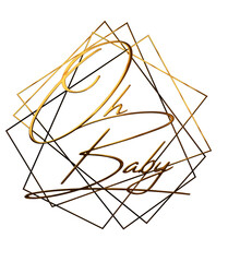 Golden oh baby lettering with geometric shapes on black background