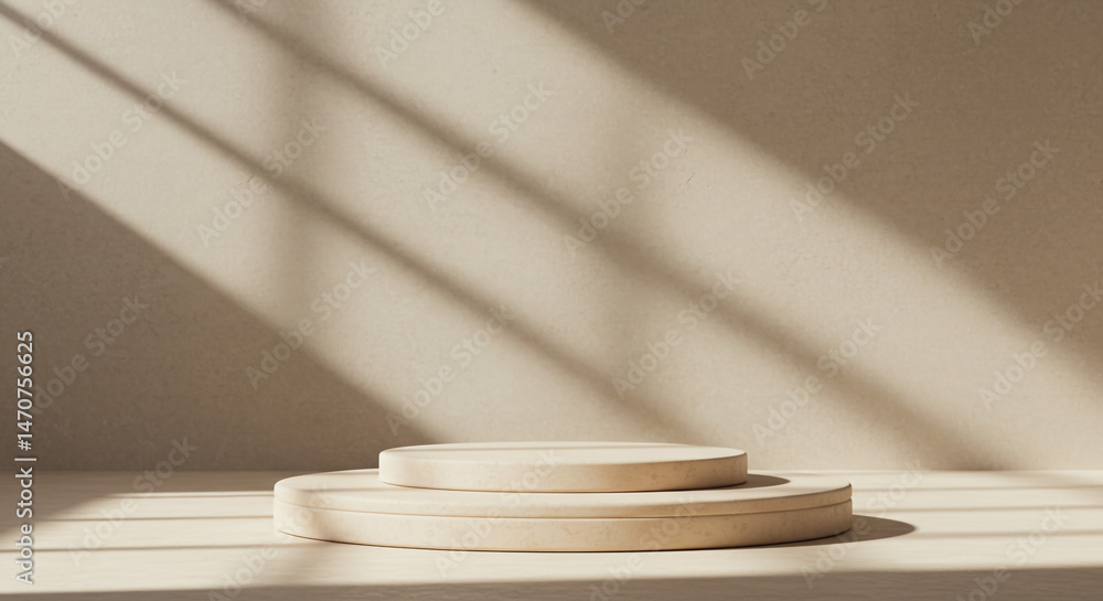 Poster A minimalist scene featuring a two tiered round platform under sunlight with shadows on the backdrop