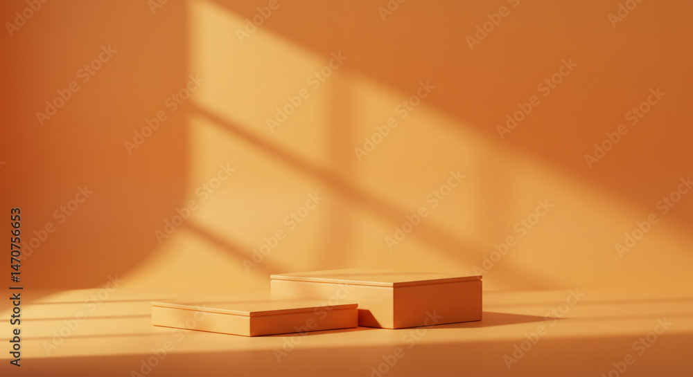Aufkleber two square podiums on a peach colored background with window shadows creating a minimalist scene