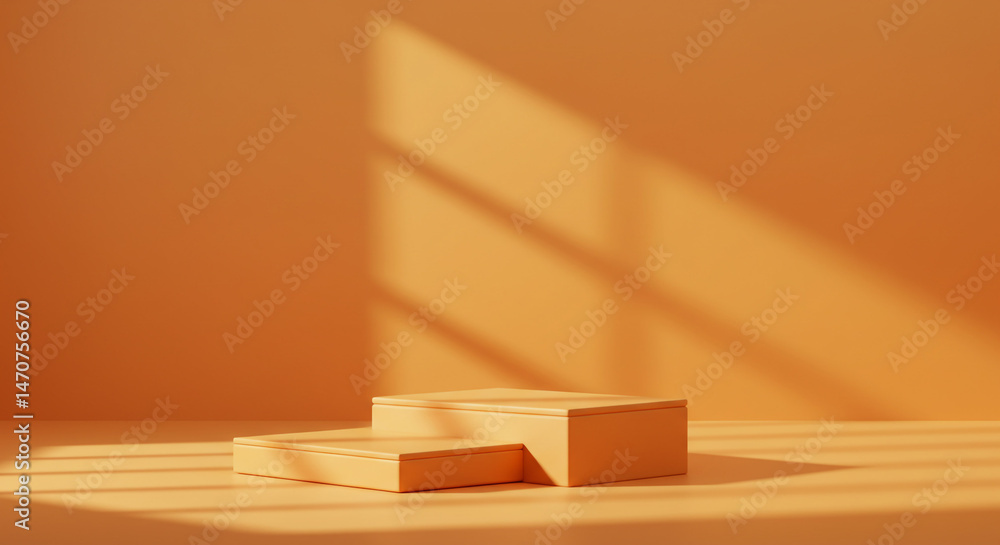 Poster Two tier orange platform with window shadow on orange background in a studio setting for product display