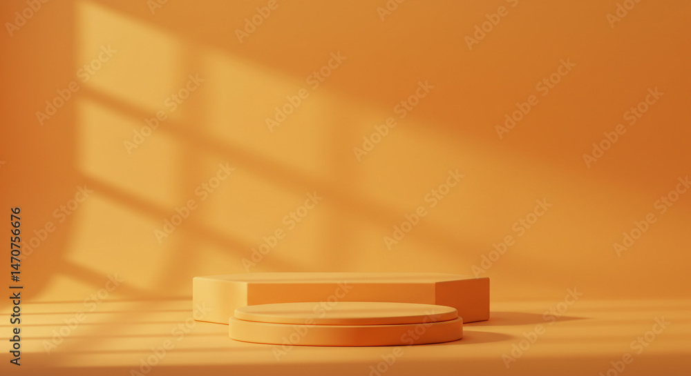 Poster a minimal orange studio scene with geometric platform and window light casting shadows on the backgr
