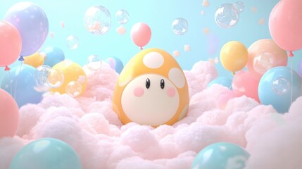 Cute yellow spotted egg character with blush cheeks surrounded by colorful balloons and floating bubbles over fluffy pink clouds in bright sky