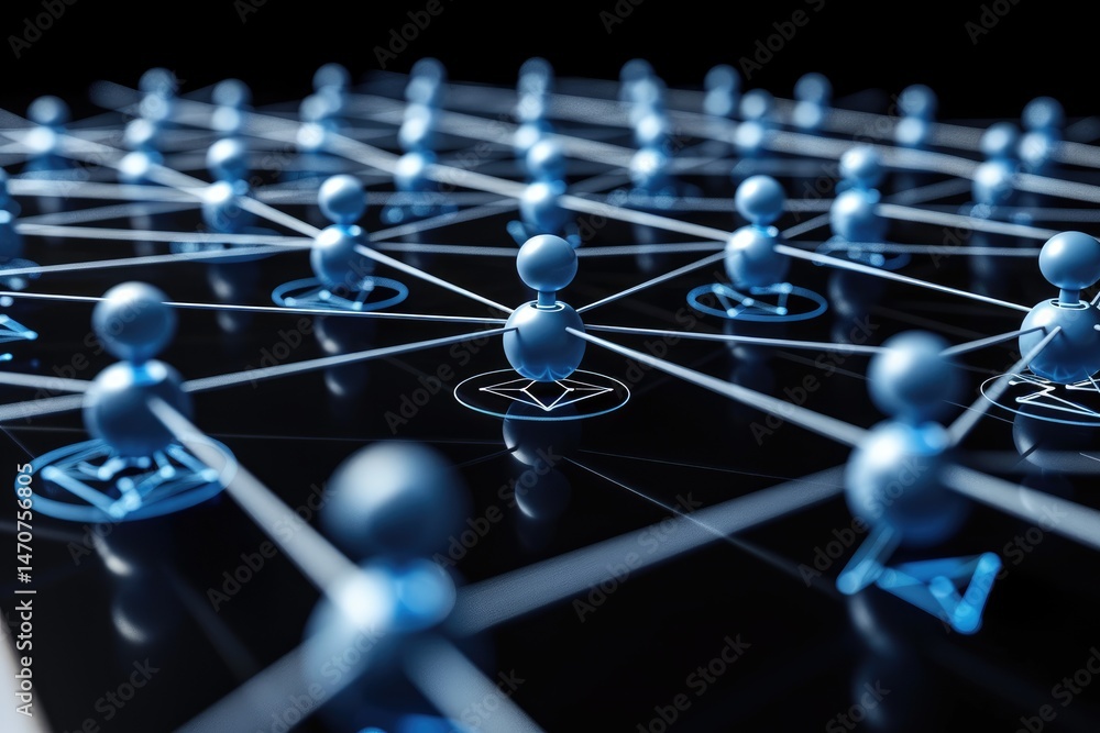 Poster a network of interconnected figures on a dark surface.