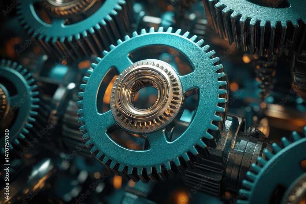 Poster detailed close-up view of numerous interconnected gears.