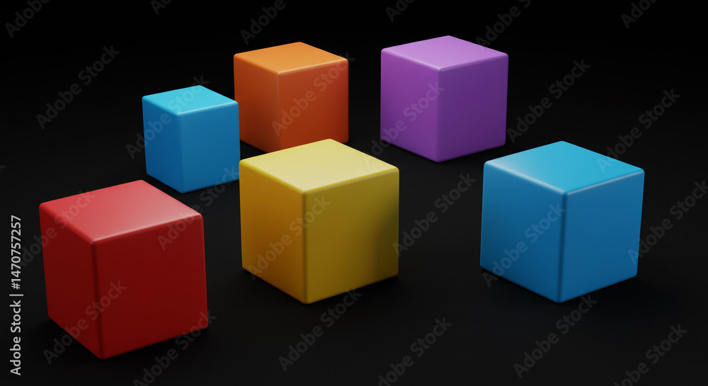 Poster a group of colorful cubes arranged on a black surface with soft lighting and a simple composition st