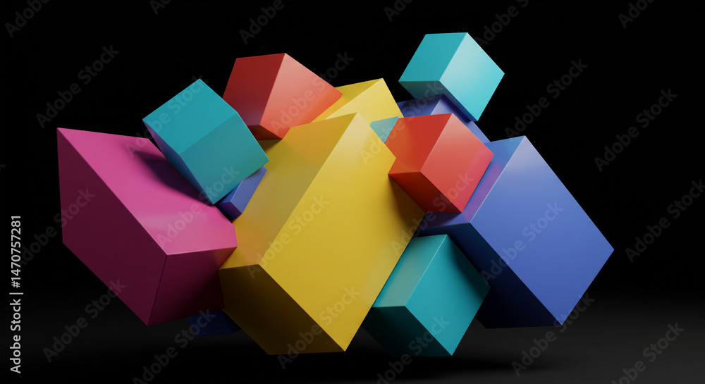 Poster a colorful arrangement of various sized cubes floating in a dark void creating a playful scene