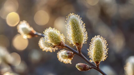 Fototapeta premium Close-up of delicate yellow and white flowering catkins on a branch with soft, warm bokeh background capturing a peaceful early spring atmosphere