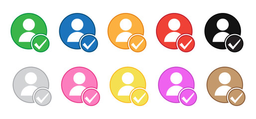 Verified user icons. Profile with check mark symbol indicating verification, confirmation, or selection. 
