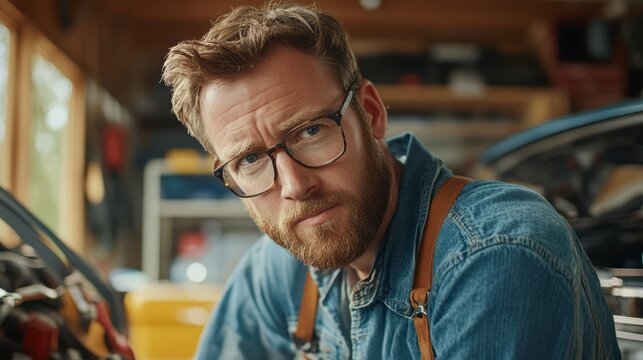 Close-up portrait of a focused male mechanic in a garage.