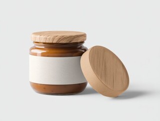 A glass jar filled with a rich, amber-colored substance, featuring a wooden lid and blank label