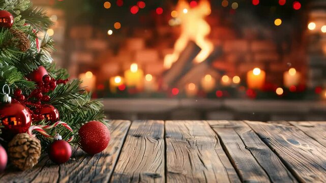 A rustic wooden table features Christmas tree branches adorned with red ornaments, set against the warm backdrop of a glowing fireplace, creating a cozy and festive atmosphere.