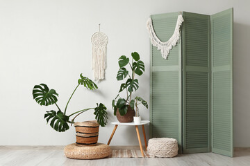 Folding screen, table and Monstera houseplants near white wall in room