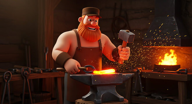 A cartoon blacksmith forging metal in a workshop, sparks flying, and using a hammer on an anvil, surrounded by tools. Warm light.