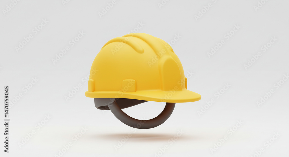 Poster a yellow hard hat with a brown strap floating on a white background in a studio setting