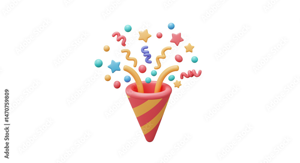 Poster a festive party popper with confetti and streamers on a white background in a rendered style