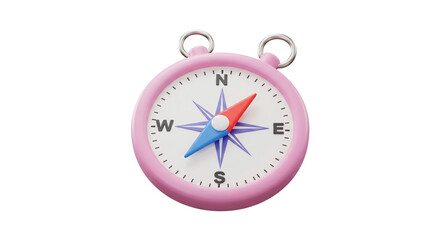 Isolated pink compass with red and blue needle pointing north on a white background design element