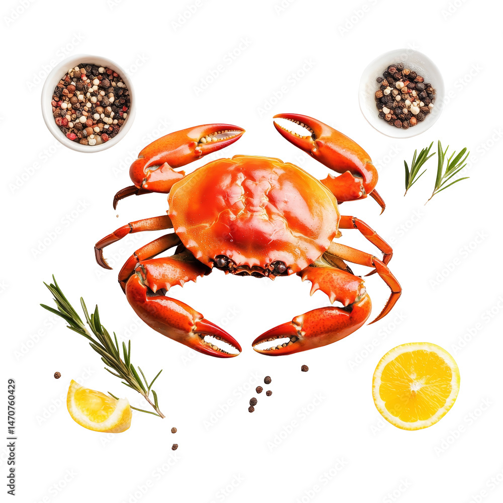 Poster freshly boiled crabs presented with spices and lemon on a transparent background for culinary deligh