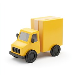 Cartoonish yellow delivery truck carrying a large package.