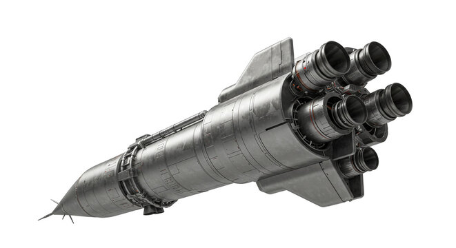 A futuristic spaceship with multiple engines isolated on a white background in a low angle view