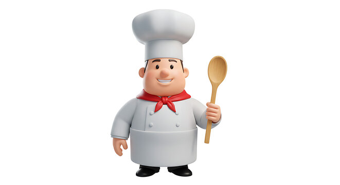 Chef with Spoon: Cheerful 3D Cartoon Character Cooking Up Delight. Culinary art in charming detail, ready to add flavor to your project