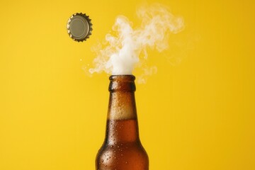 Freshly opened beer bottle releasing smoke on yellow background