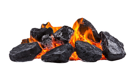 Burning Coal Fire Isolated on White Background with Glowing Embers and Hot Flame Details