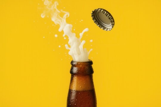 Beer bottle exploding with foam on yellow background