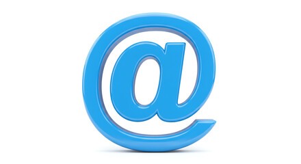 A single blue at symbol standing upright on a white surface in a studio shot with soft lighting