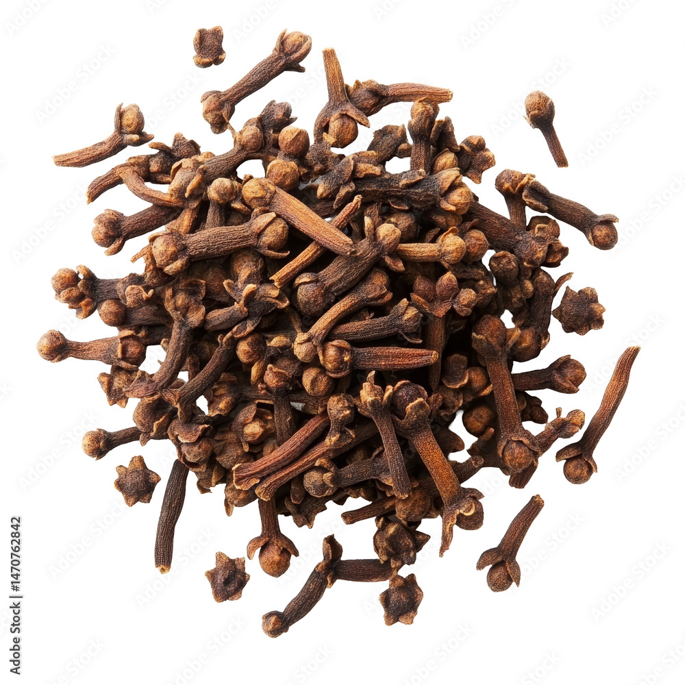 Poster a closeup view of dried cloves on a transparent background showcasing their distinct shapes and rich