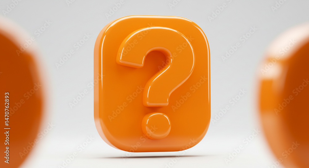 Poster a bright orange question mark inside a rounded square shape on a white surface with blurred shapes