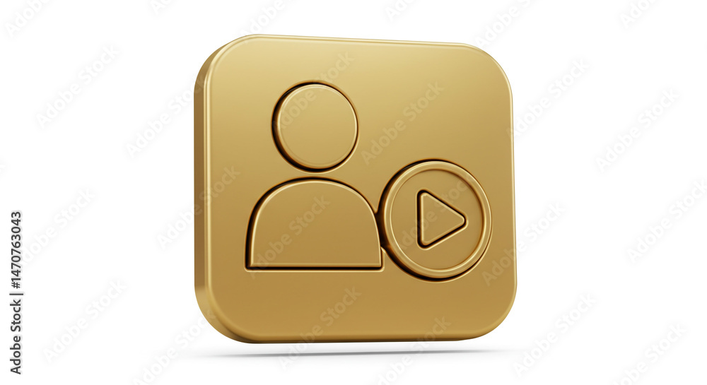 Poster a golden icon showing a person with a play button on a white background in digital rendering