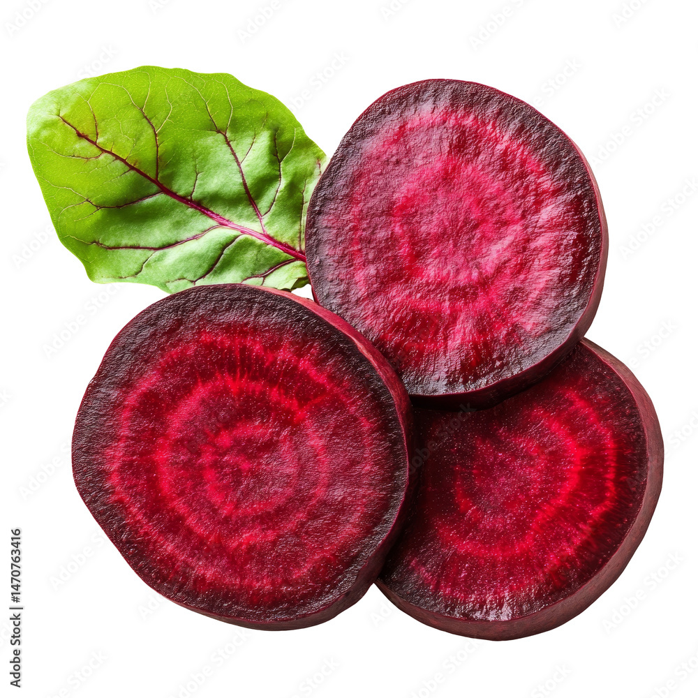 Poster fresh beetroot slices and leafy greens isolated on a transparent background for culinary use, beetro