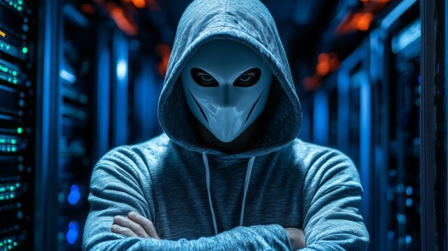 Intriguing figure in server room, wearing a hooded mask.