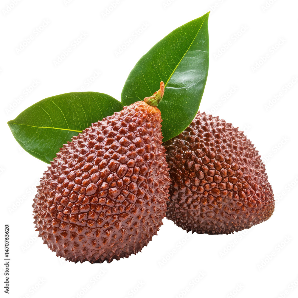 Poster fresh salak fruit with green leaves isolated on a transparent background showcasing its unique textu