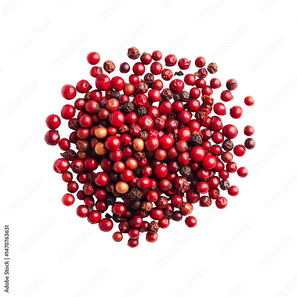 Poster red peppercorns scattered on a transparent background highlighting their vibrant color and unique te
