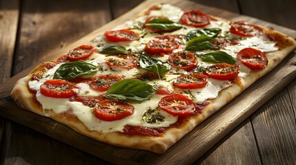 Delicious rectangular pizza with fresh tomatoes and basil on a rustic wooden serving board at restaurant