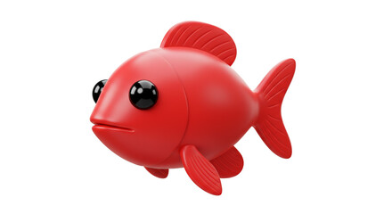 A shiny red cartoon fish with big black eyes and fins on a plain white background studio shot