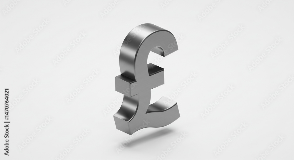 Poster a shiny metallic pound sterling sign standing on a white background with a soft drop shadow below it