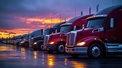 Row of large semi-trailer trucks parked in a lot at dusk with vibrant colorful sunset sky reflecting on wet pavement