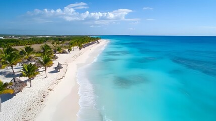 Aerial view of tropical beach paradise with turquoise water and palm trees for summer vacation travel