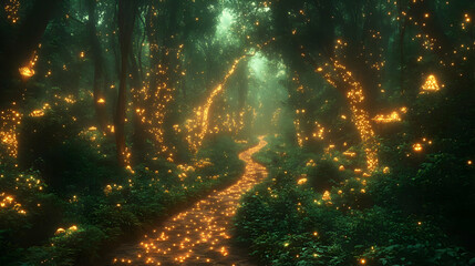 Fototapeta premium Enchanted Forest Path with Glowing Lights